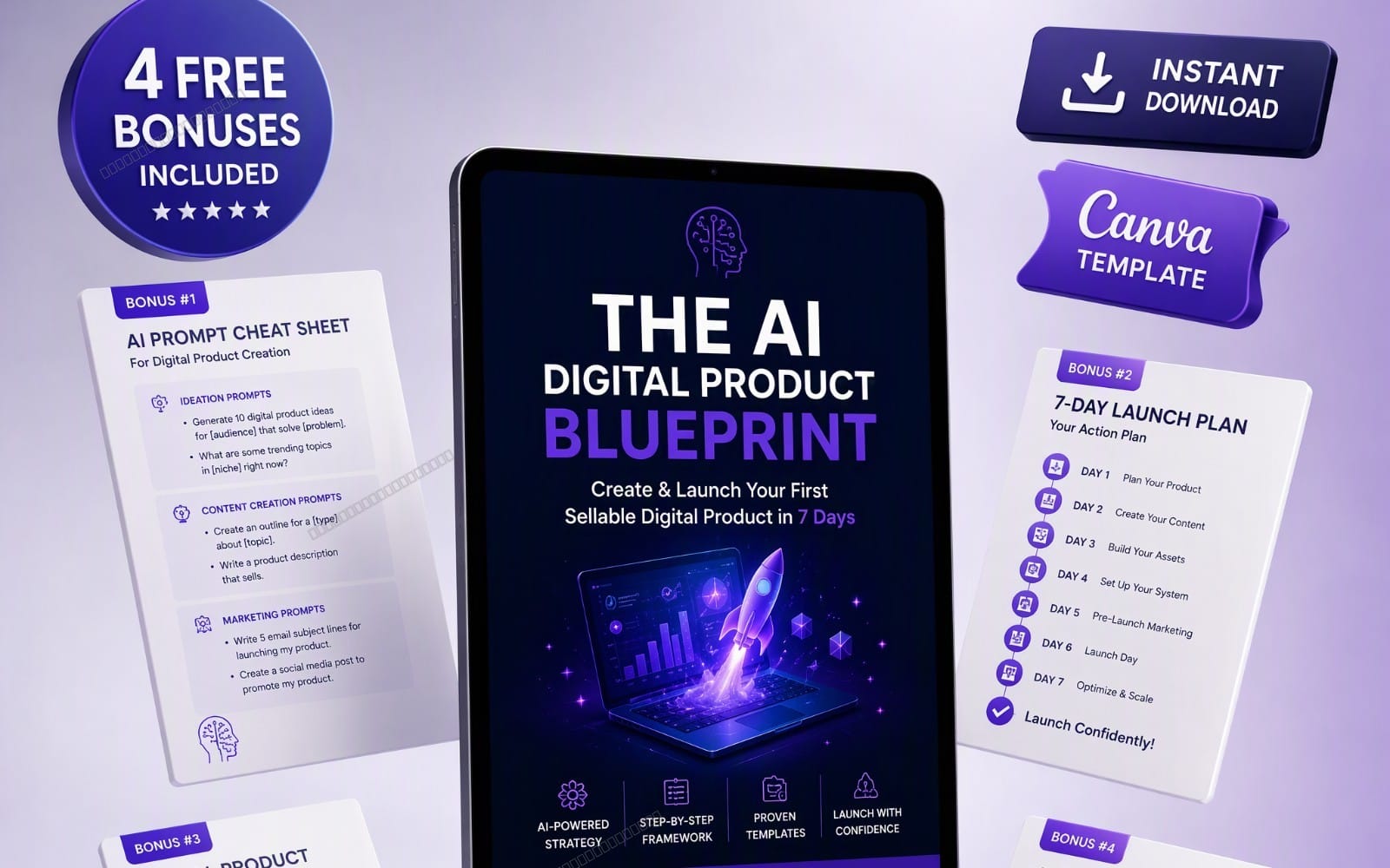 Promotional digital product launch guide mockup with tablet cover and bonus sheets for AI blueprints and instant