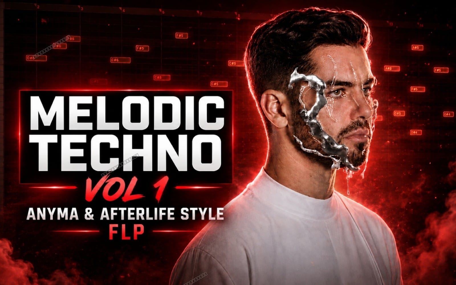 Melodic Techno Vol 1 FL Studio project cover with neon red synth grid and portrait of Anyma and Afterlife