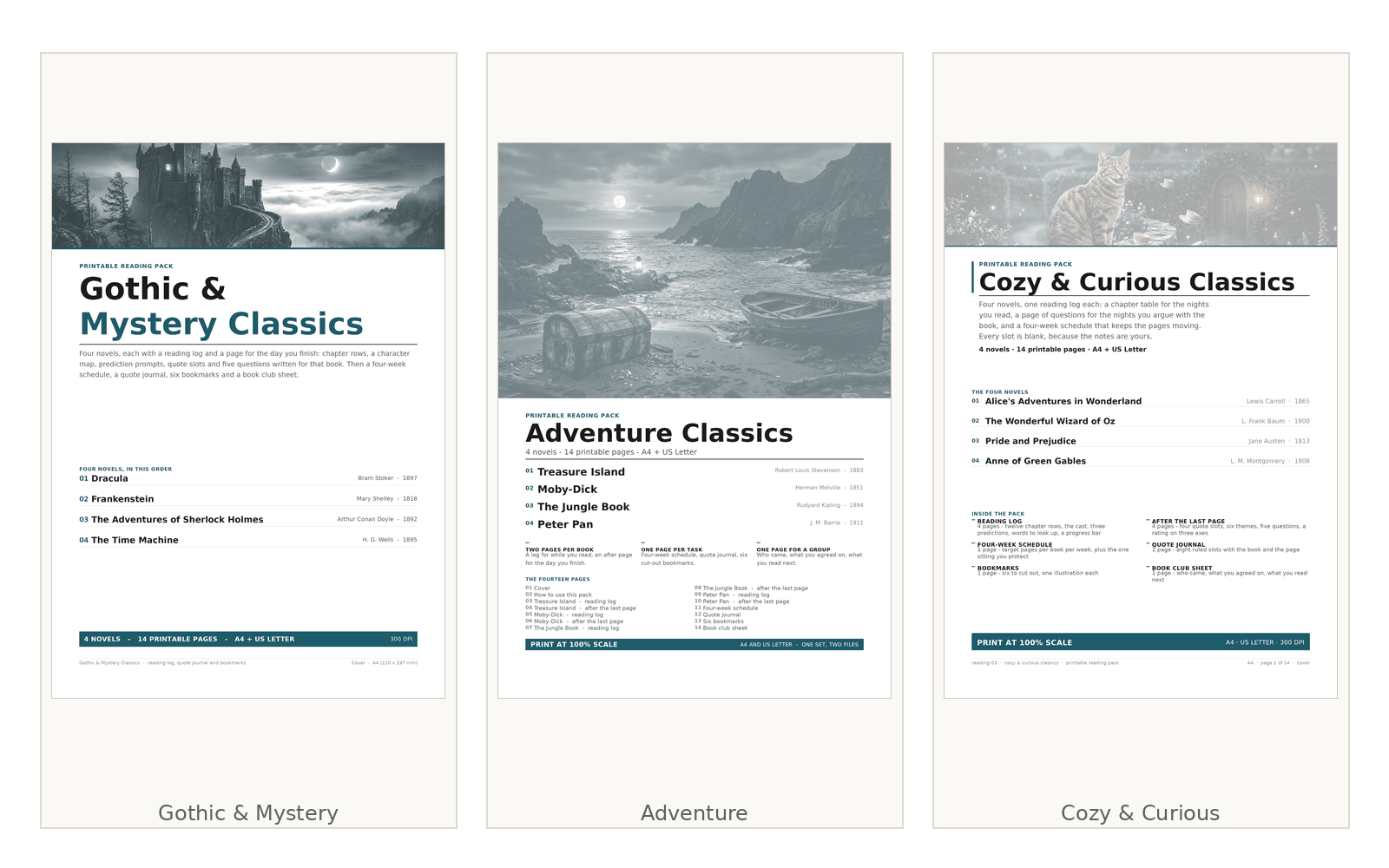 The three reading packs side by side: Gothic & Mystery, Adventure, Cozy & Curious