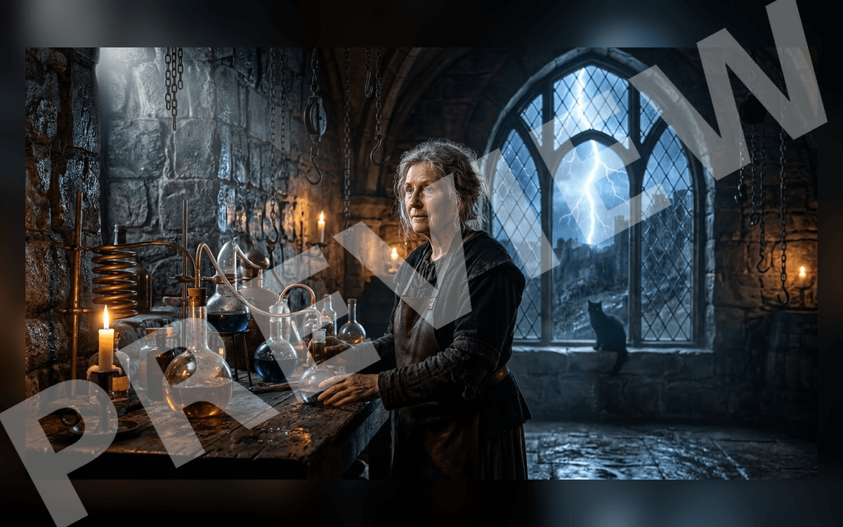 Cinematic vintage art poster of an elderly woman in a stormy laboratory with glowing candles and lightning through a