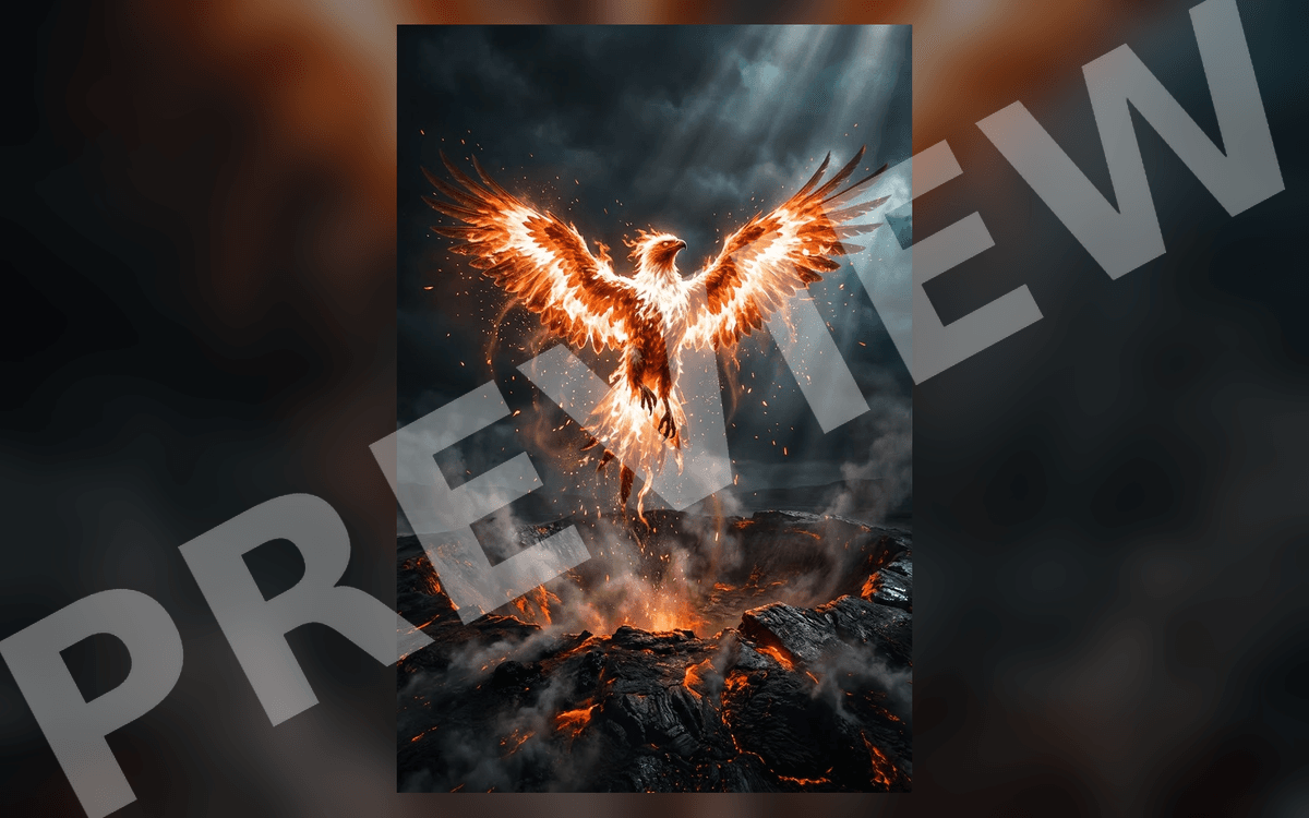 Cinematic concept art cover featuring a fiery phoenix rising over volcanic lava and smoke, with glowing embers