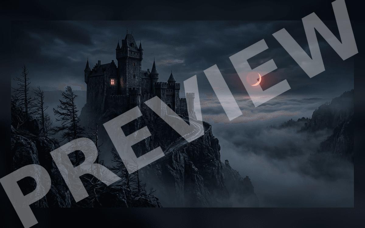 Moody foggy castle landscape with dark sky and moon, cinematic public-domain art background
