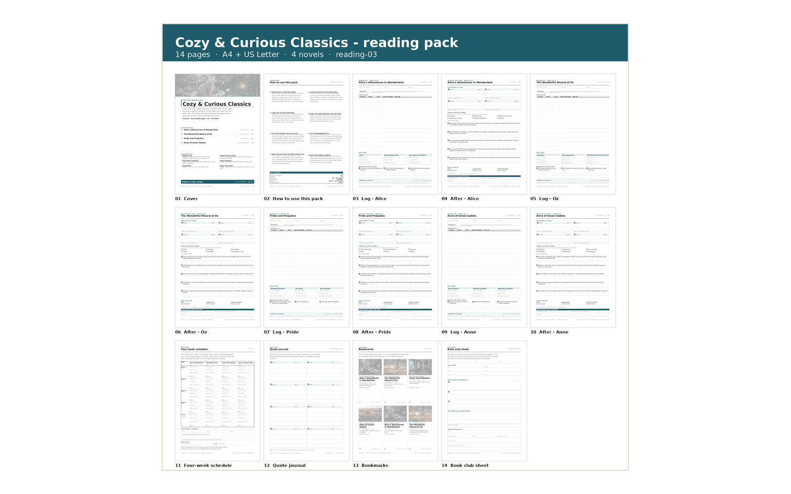 All 14 pages of the Cozy & Curious Classics reading pack, A4