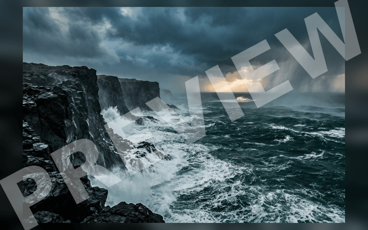 Stormy ocean cliffs cinematic environment art with crashing waves, dark rocks, and dramatic clouds