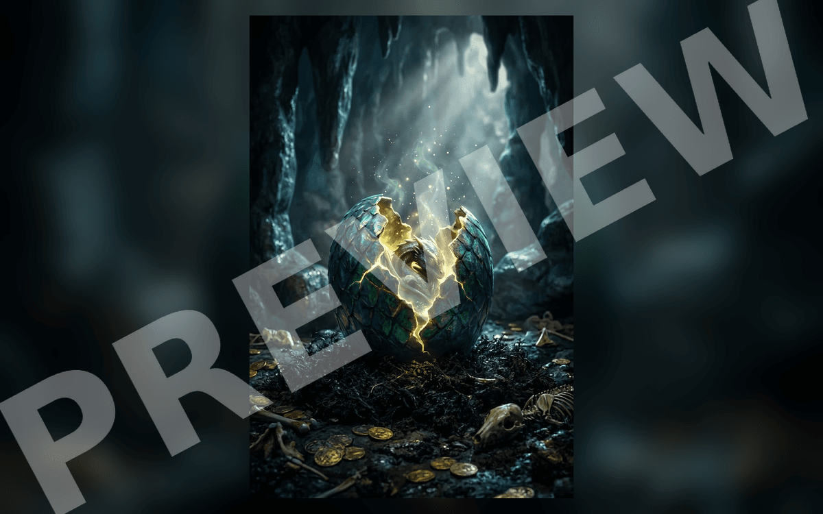 Cinematic concept art of a glowing broken egg releasing light in a dark, coin-strewn cave scene