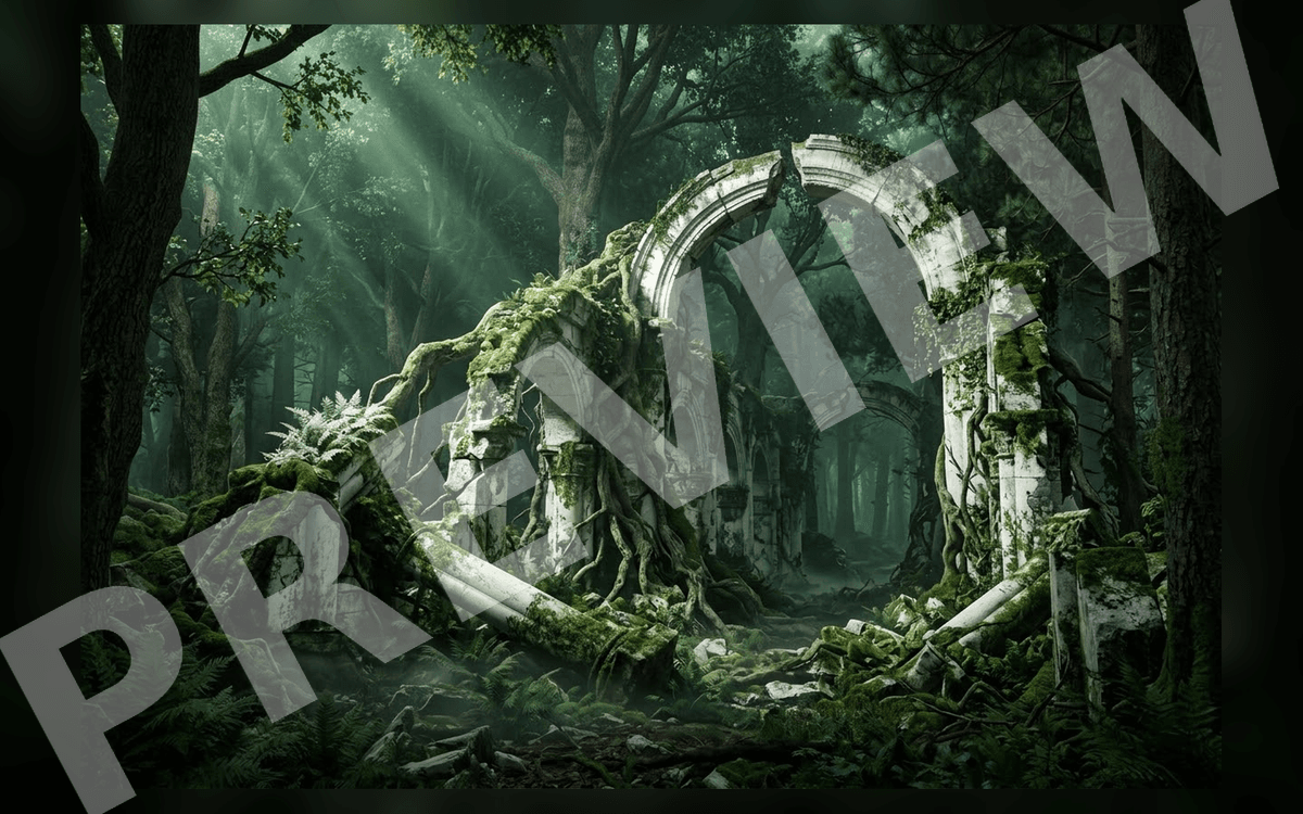 Fantasy cinematic concept art of an overgrown ruined stone archway in a deep green forest with mist