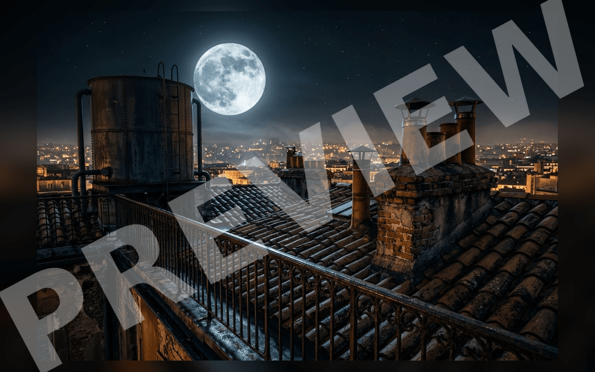 Moonlit rooftop cityscape with tiled roofs and chimneys, cinematic environment art scene