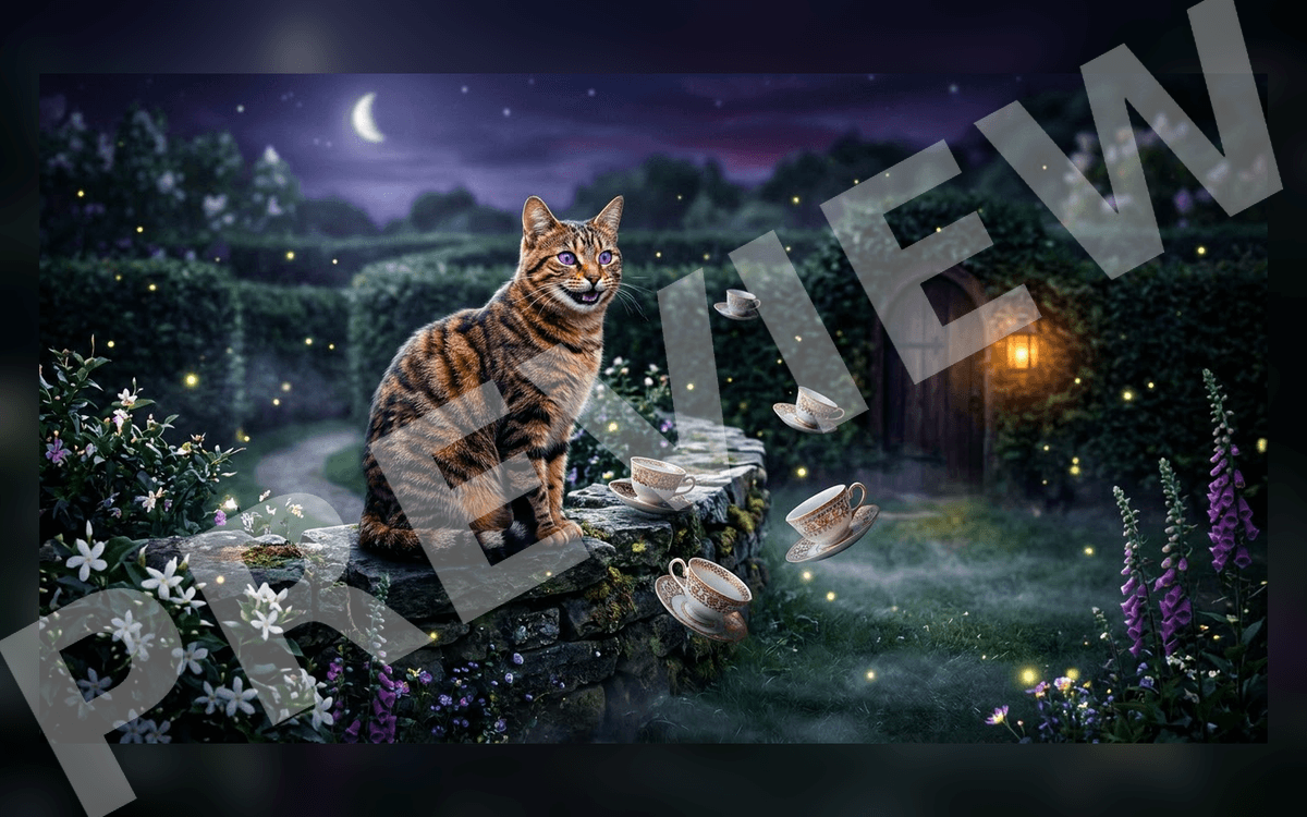 Cinematic public-domain art of a striped grinning cat on moonlit garden stones with teacups overlay