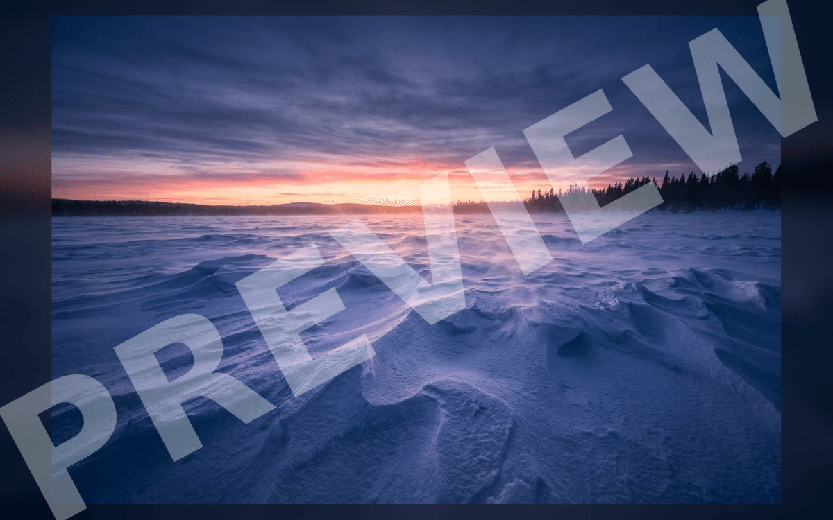 Snowy frozen lake landscape at twilight with cinematic environment art preview for a game asset