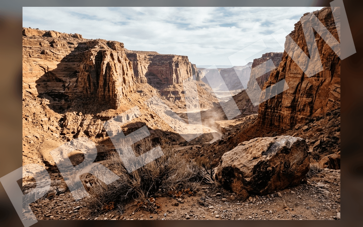 Sunlit desert canyon landscape with rocky cliffs and sandy ground, cinematic environment art backdrop