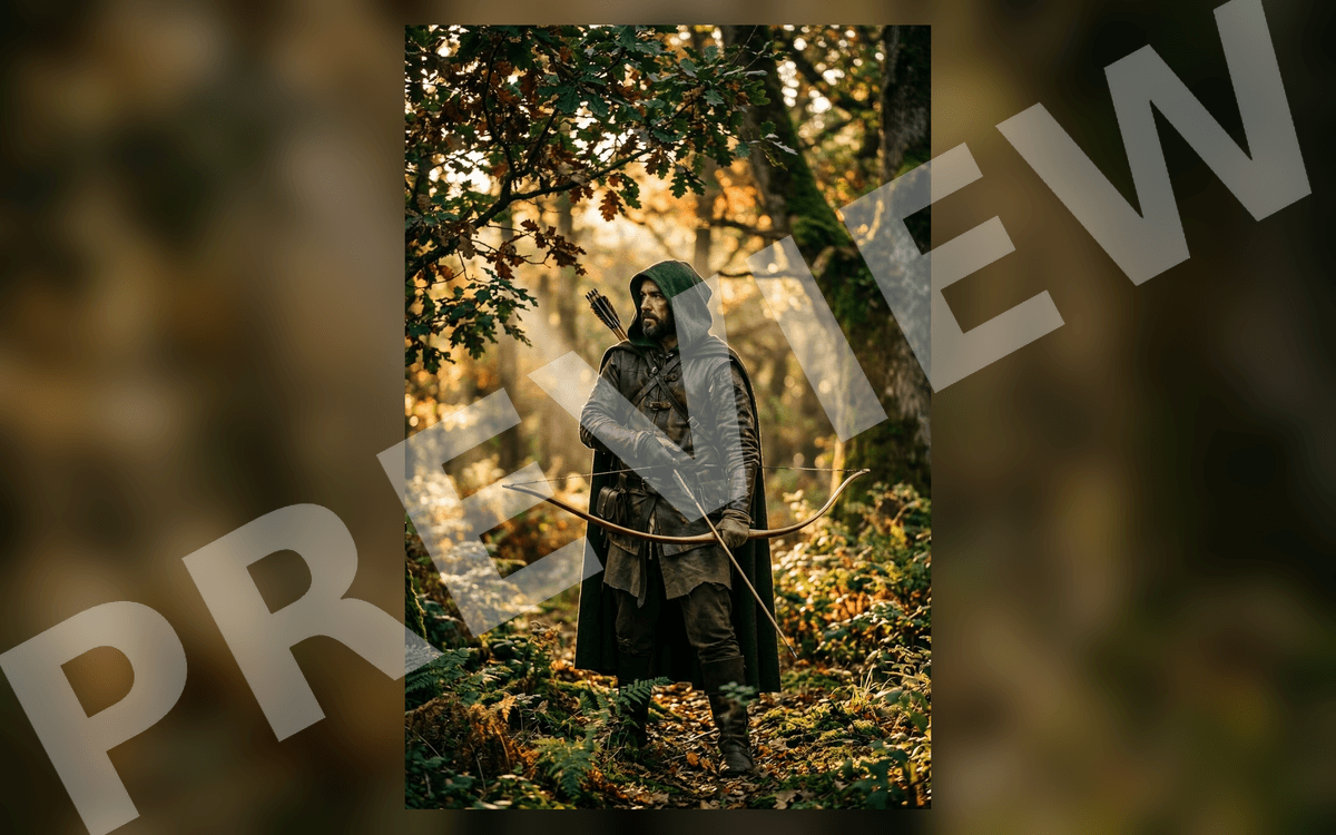 Cinematic public-domain art of a hooded archer in Sherwood Forest holding a bow and arrows
