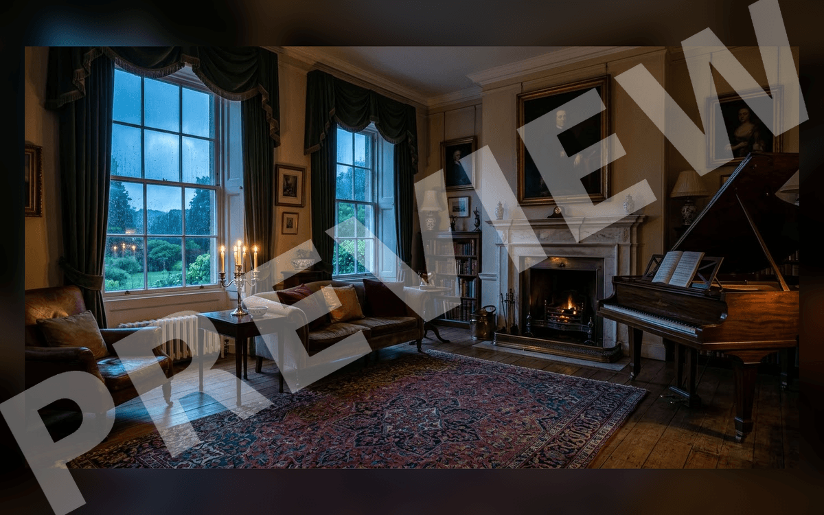 Cinematic public-domain drawing room at dusk with windows, curtains, fireplace, grand piano, and candles