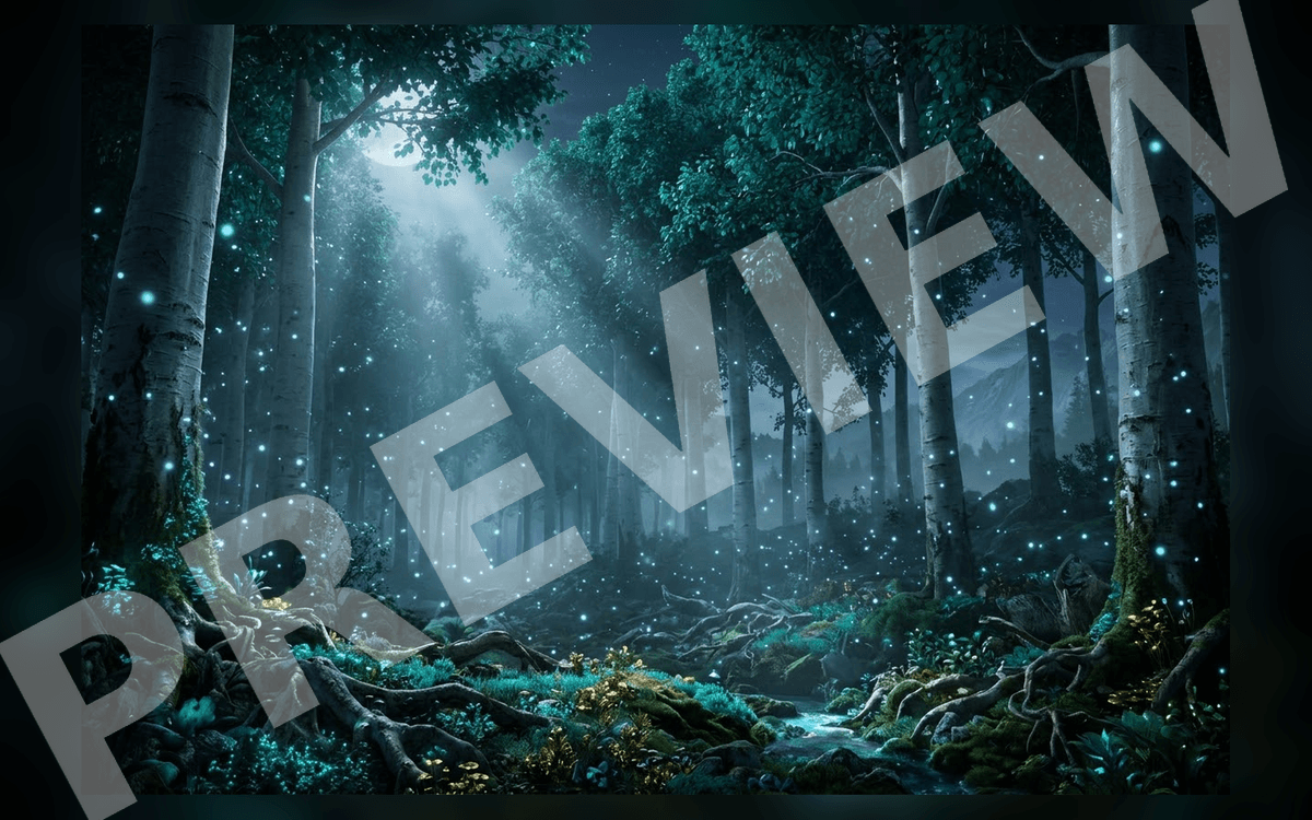 Misty enchanted forest concept art with glowing fireflies, towering trees, and surreal cinematic lighting background