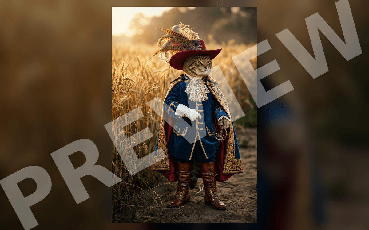 Portrait of a dressed cat in a blue gentleman coat and hat in a wheat field, cinematic public-domain art poster