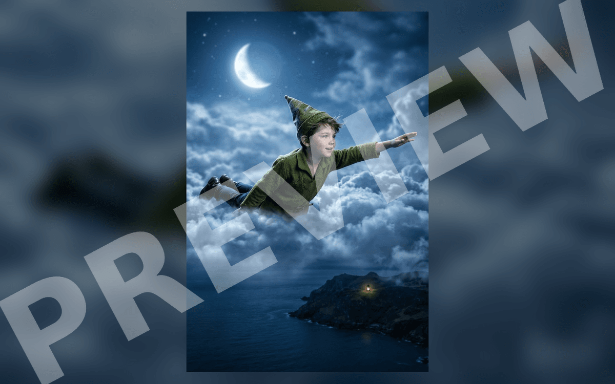 Cinematic public-domain art vertical poster of a child fairy flying over moonlit clouds and ocean landscape