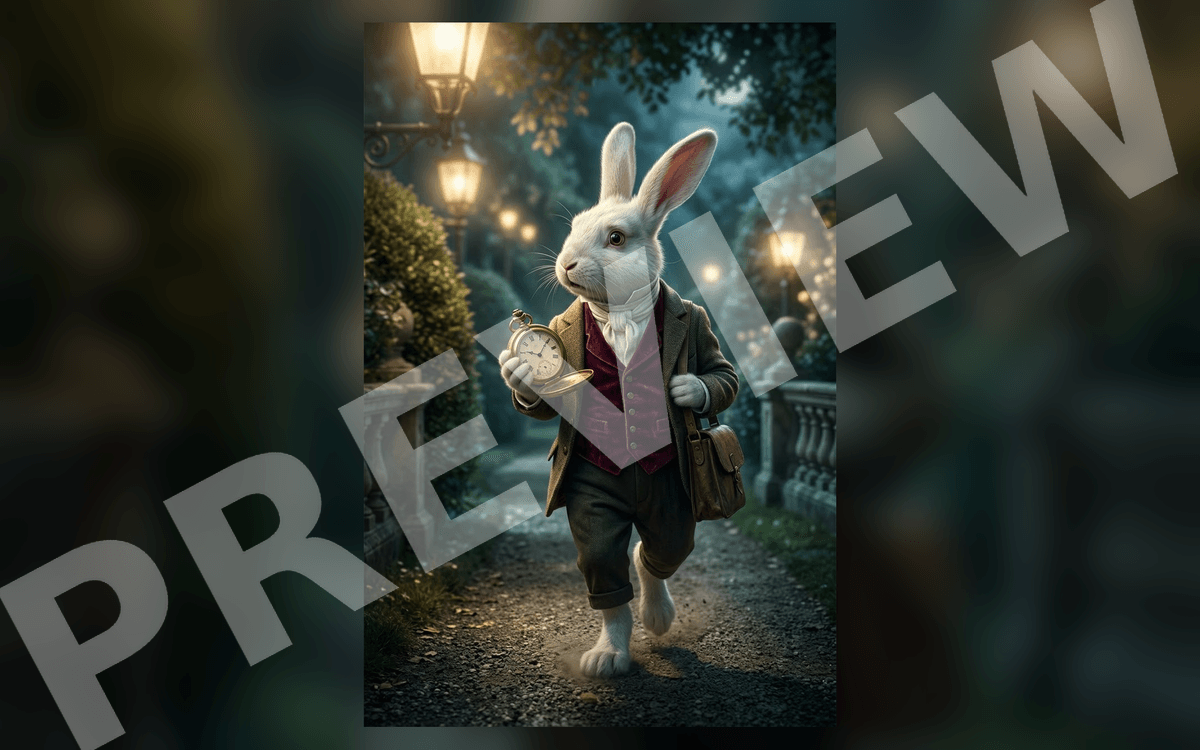 White rabbit in waistcoat holding a pocket watch in a cinematic garden street, public-domain book art style