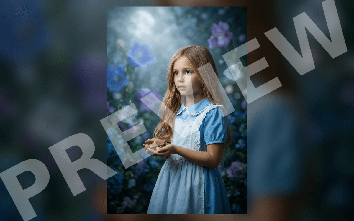 Cinematic digital art of Alice in a blue dress standing in a flower hedge maze background