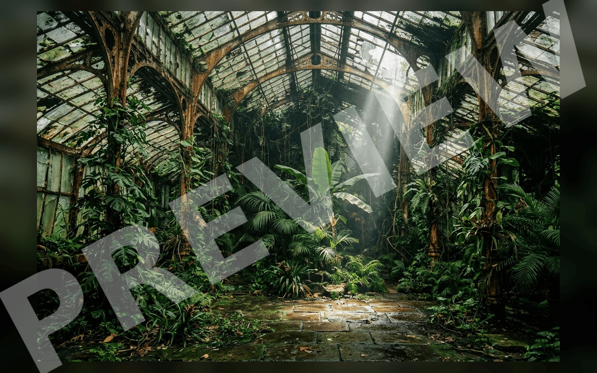 Overgrown greenhouse cinematic environment with lush jungle plants, broken glass roof, and sun rays