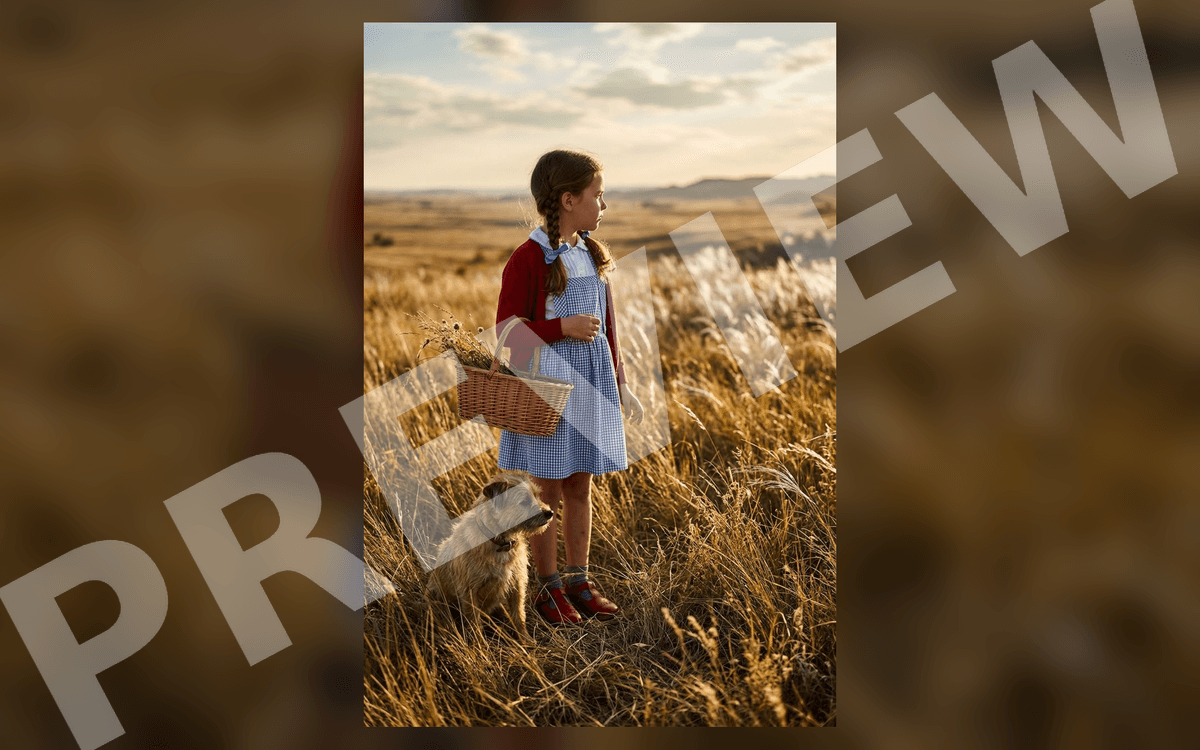 Dorothy on the prairie girl holding a basket with dog, cinematic public-domain art print download mockup