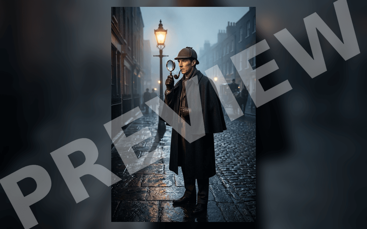 Cinematic public-domain art poster featuring a detective in a trench coat holding a magnifying glass on a rainy city