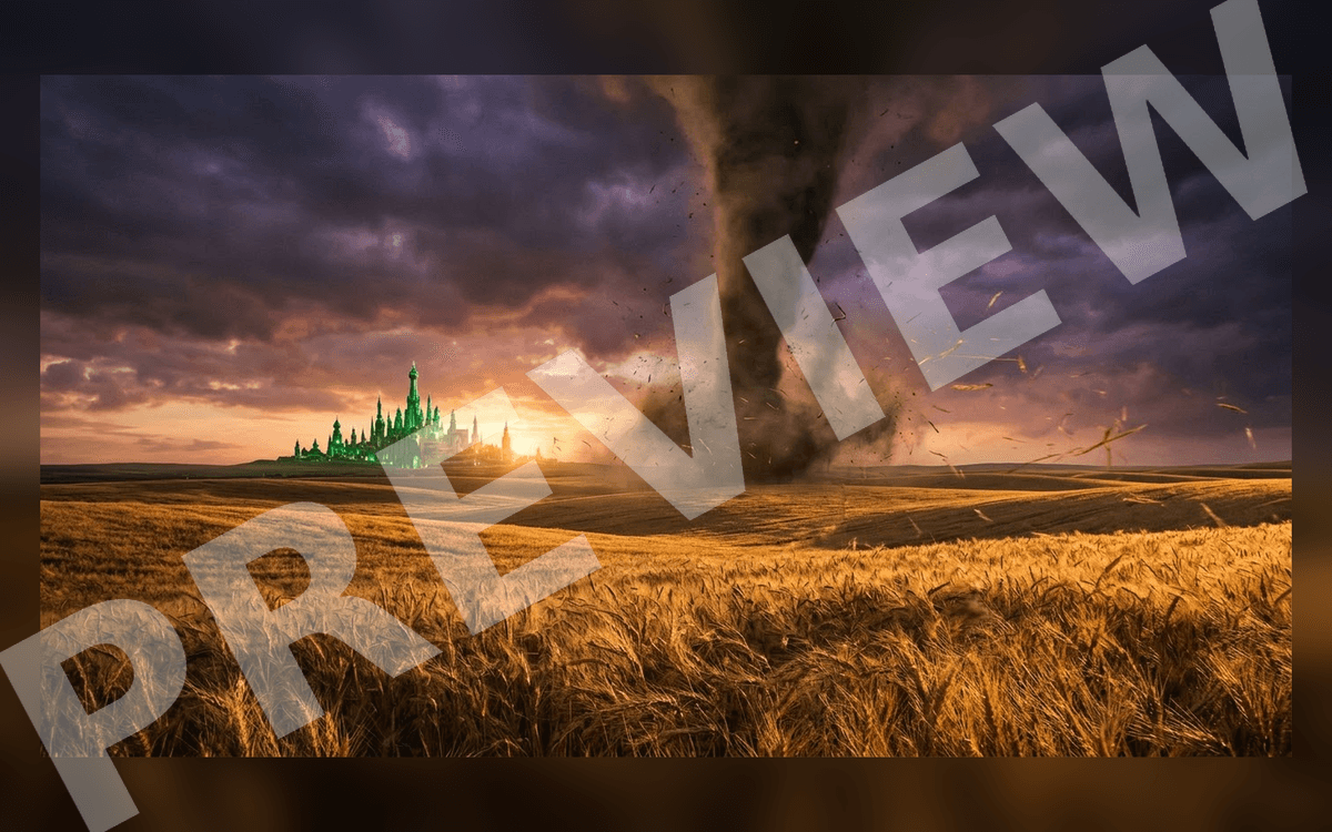 Cinematic landscape art with green-lit distant city skyline over golden wheat fields under stormy sky, public-domain
