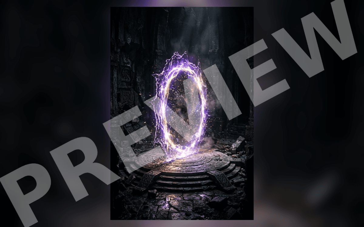 Cinematic concept art of a glowing purple magical portal standing in a dark stone ruin with bright particles and beams