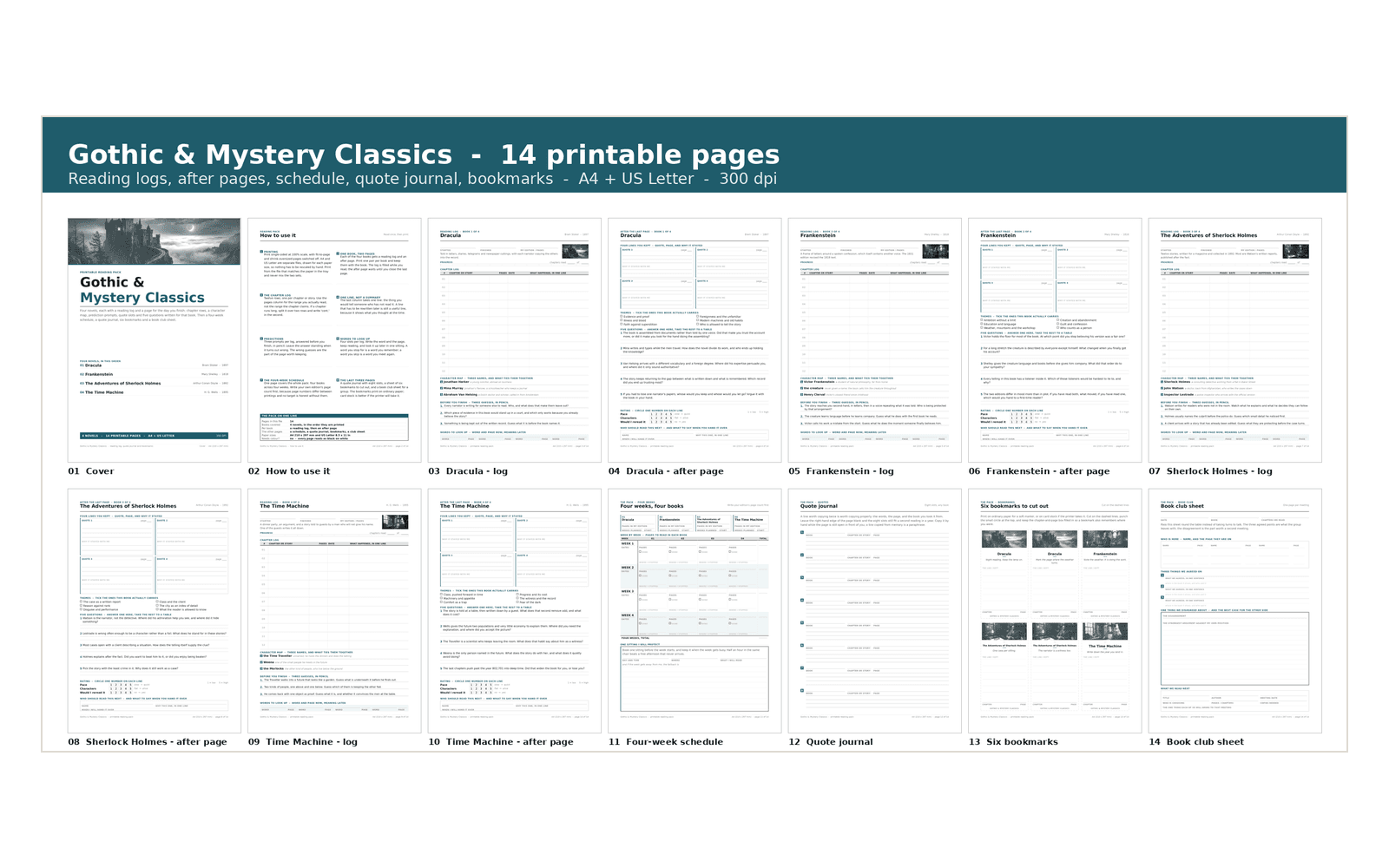 All 14 pages of the Gothic & Mystery Classics reading pack, A4