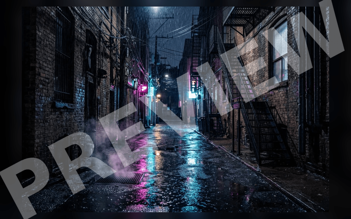 Neon-lit rainy alleyway with wet pavement and brick buildings, cinematic environment art background