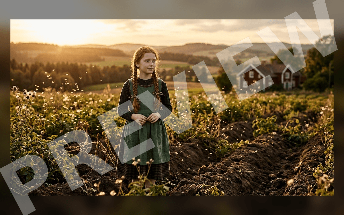 Young girl standing in a potato field at sunset, cinematic public-domain art background for digital use