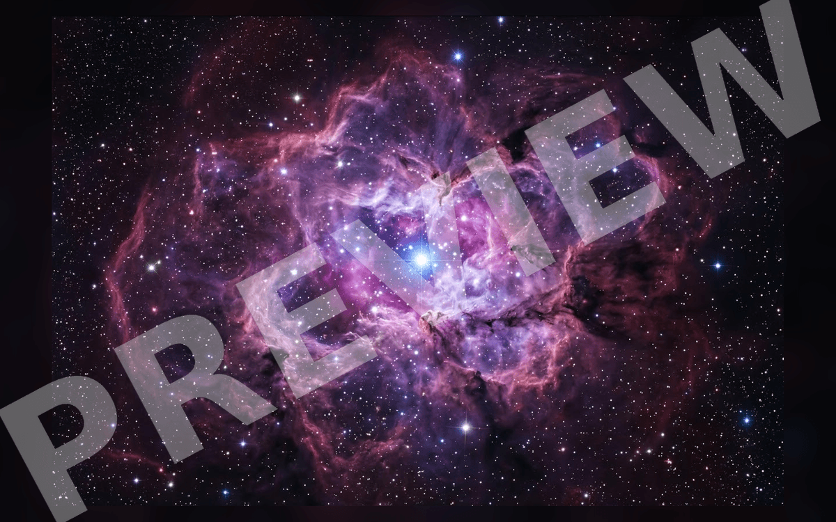 Purple and pink deep space nebula cinematic environment art with star field and large READY watermark text
