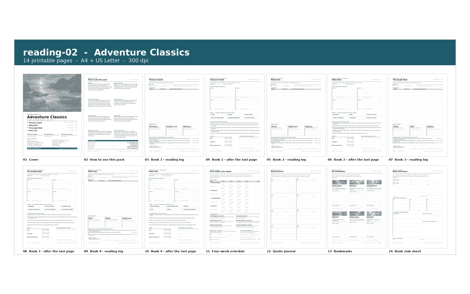 All 14 pages of the Adventure Classics reading pack, A4