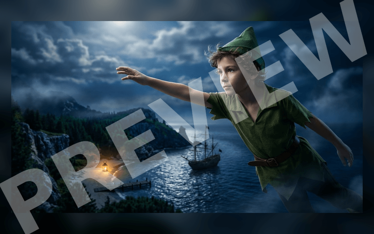 Cinematic public-domain art of a young boy in a green hat on a shipfront night landscape with credits text overlay
