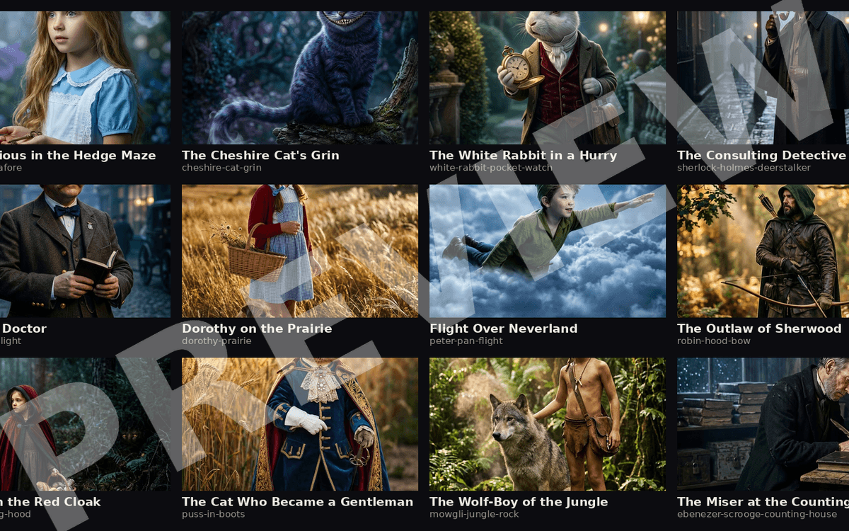 Collage of 12 cinematic folklore character portrait thumbnails featuring classic storybook characters and settings