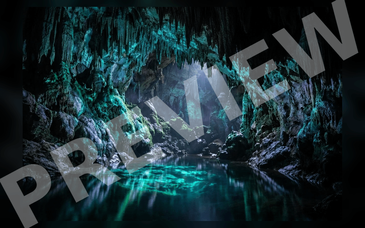 Bioluminescent cave cinematic environment art with teal glowing stalactites, rocky walls, and a dark reflective pool