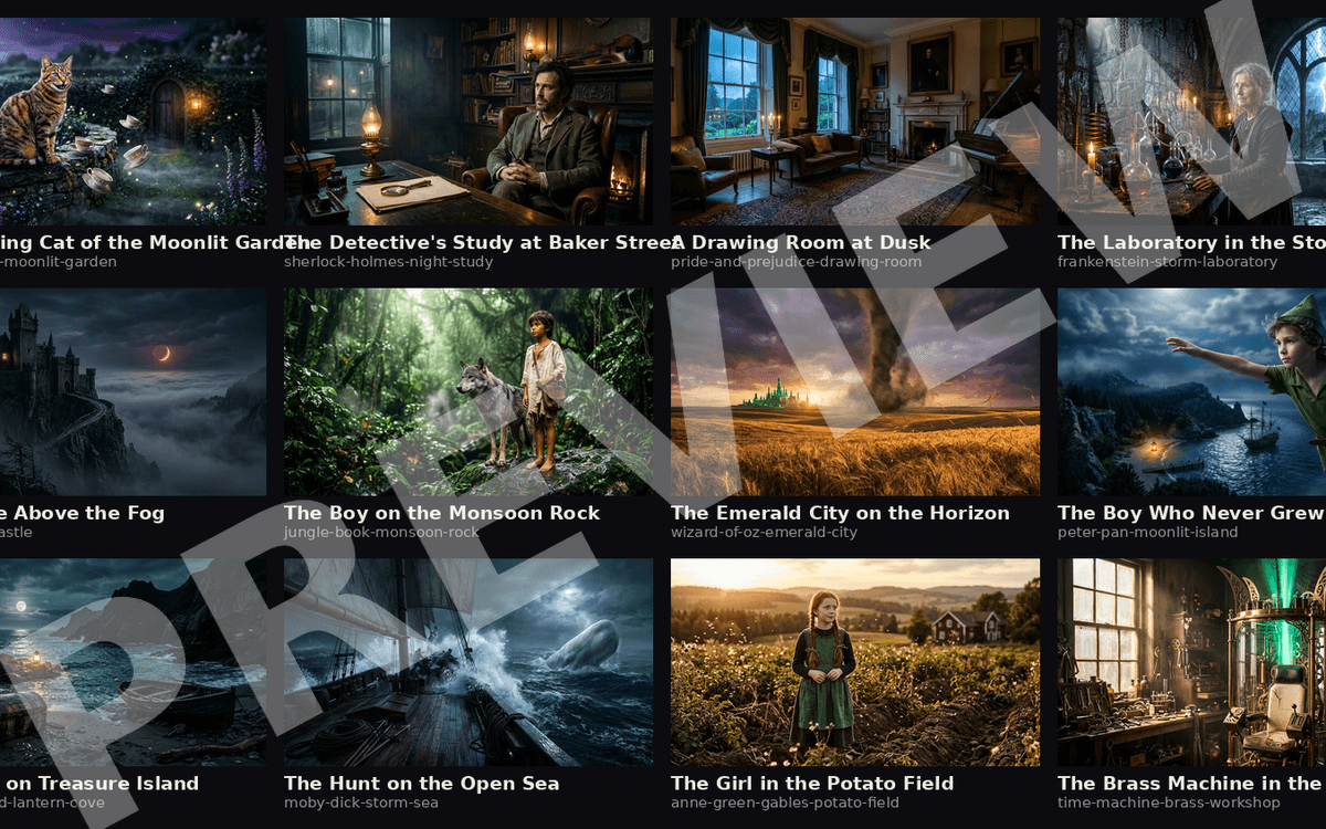 Public-Domain Book Illustrations: 12 Cinematic Images