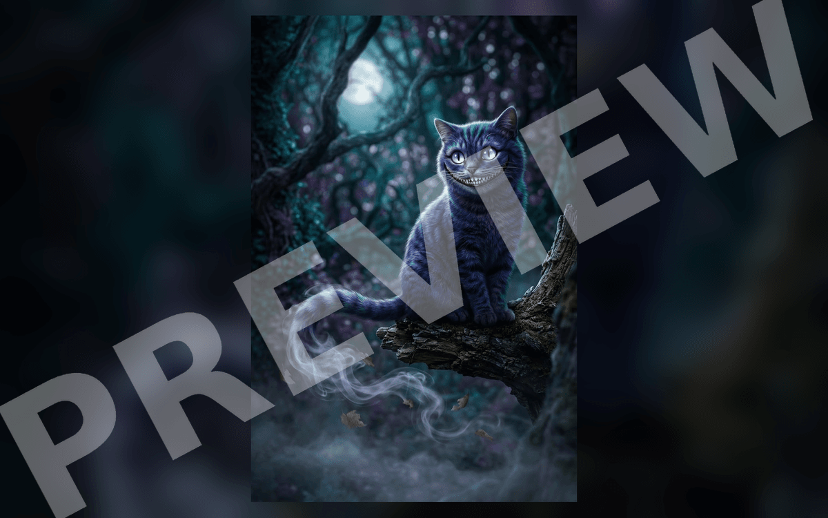 Cinematic public-domain art of a grinning Cheshire Cat sitting on a mossy branch in an enchanted foggy forest