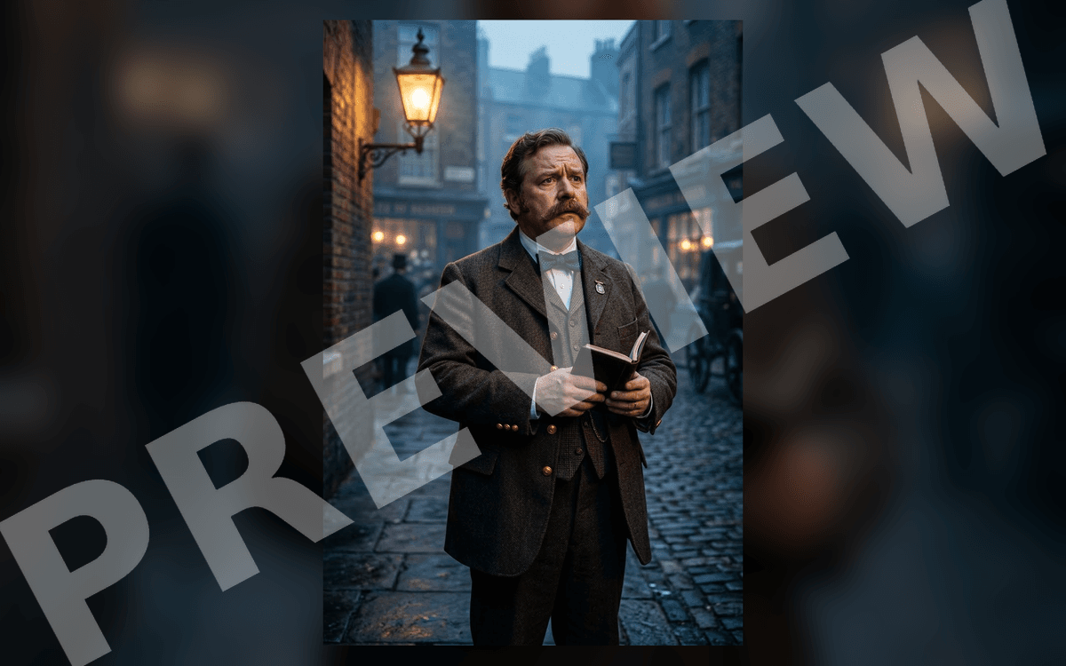 Cinematic public-domain art poster featuring a Victorian doctor holding a book on a nighttime city street with BRICK
