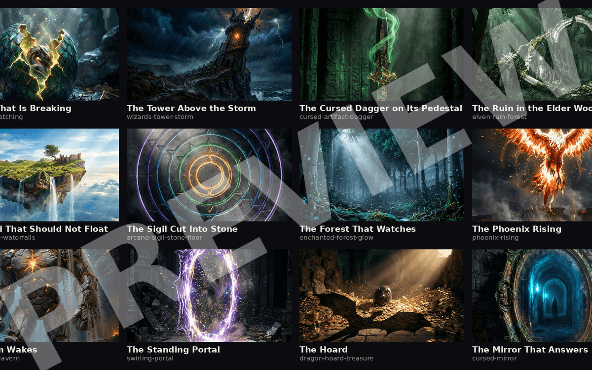 Fantasy concept art showcase with twelve creature, artefact and realm scenes in a grid