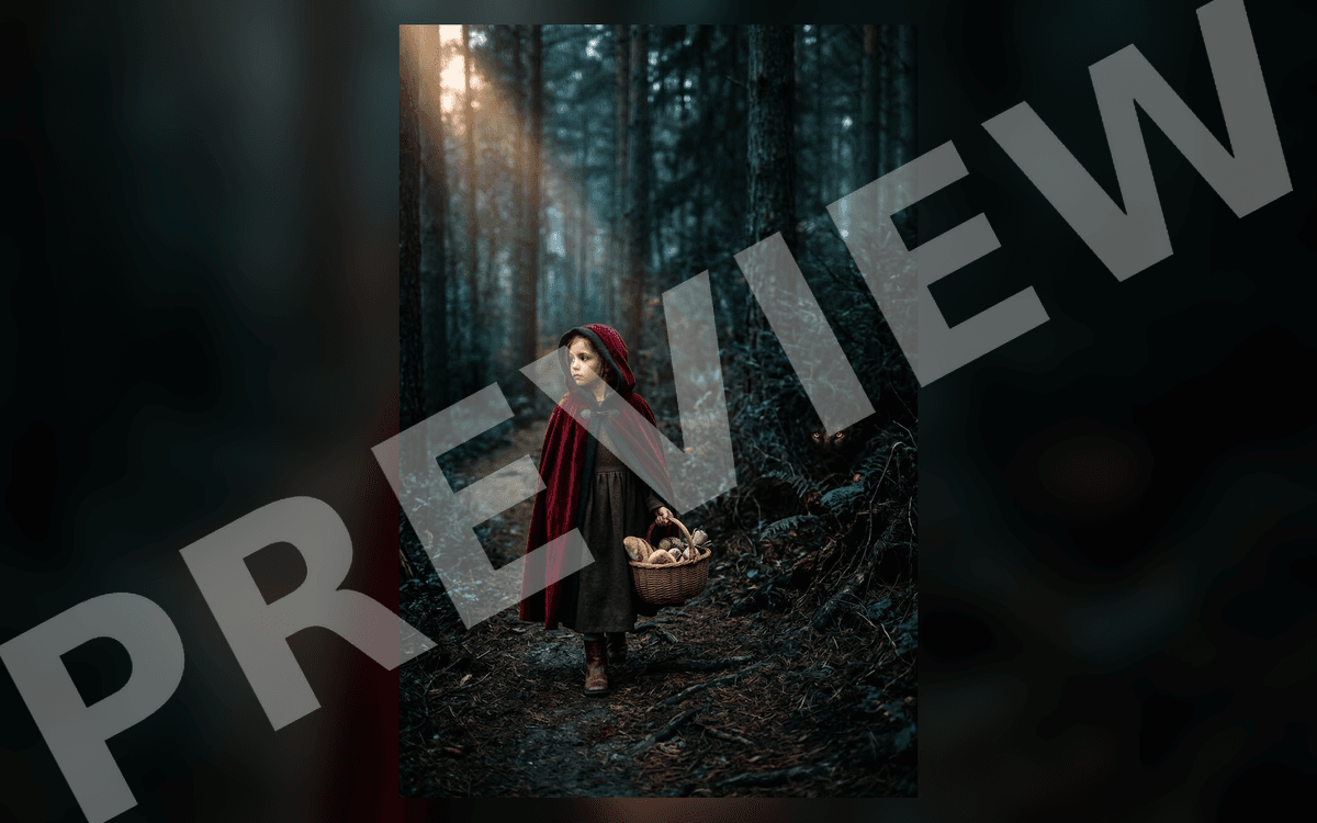 Cinematic public-domain illustration of a girl in a red cloak holding a basket in a dark forest with text overlays