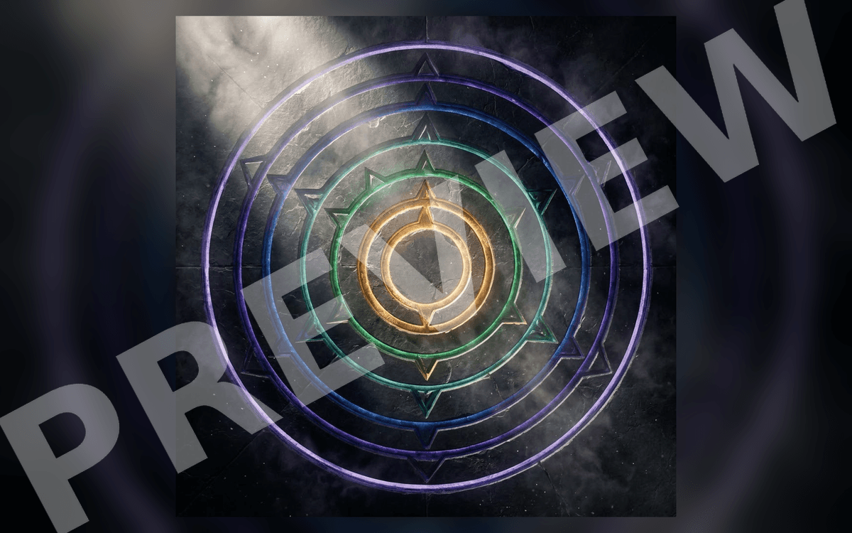Cinematic concept art of a glowing multicolor sigil engraved on dark stone with circular magical rings