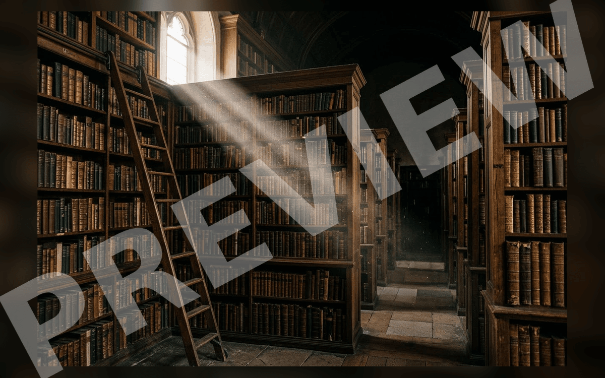 Cinematic library environment art with tall wooden bookshelves, ladder, arched windows, and floating dust particles