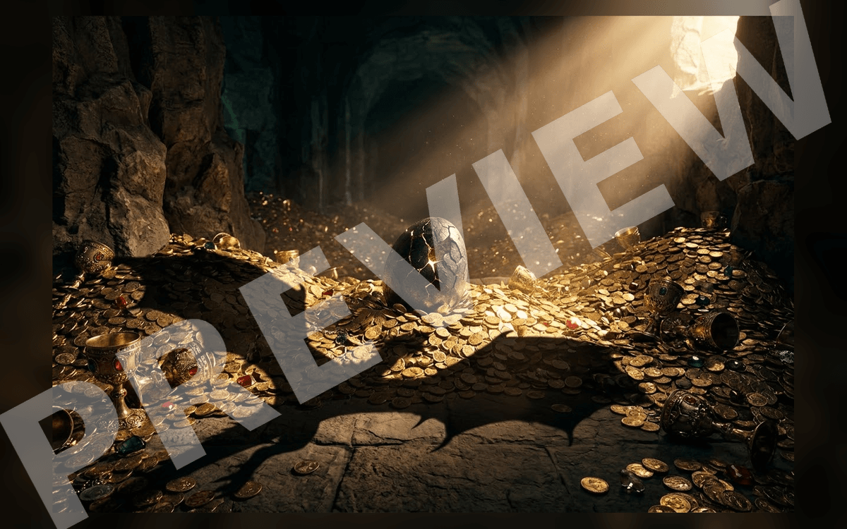 Fantasy cinematic concept art of a dark treasure hoard with coins, goblets, and a glowing cave background