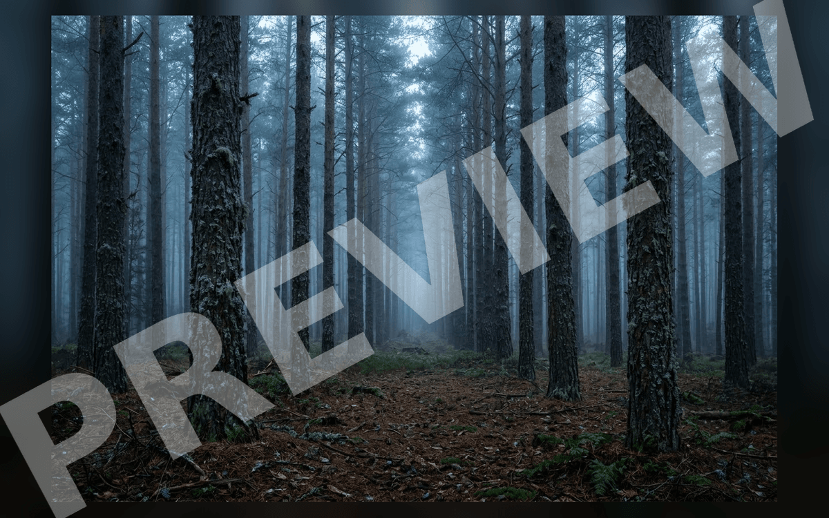 Misty pine forest cinematic environment art with tall dark trees, foggy light beams, and a forest floor backdrop
