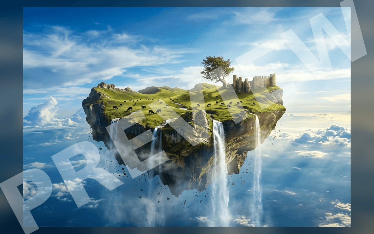 Surreal floating island cinematic concept art with green cliffs, waterfall, castle ruins, and grazing cattle over clouds