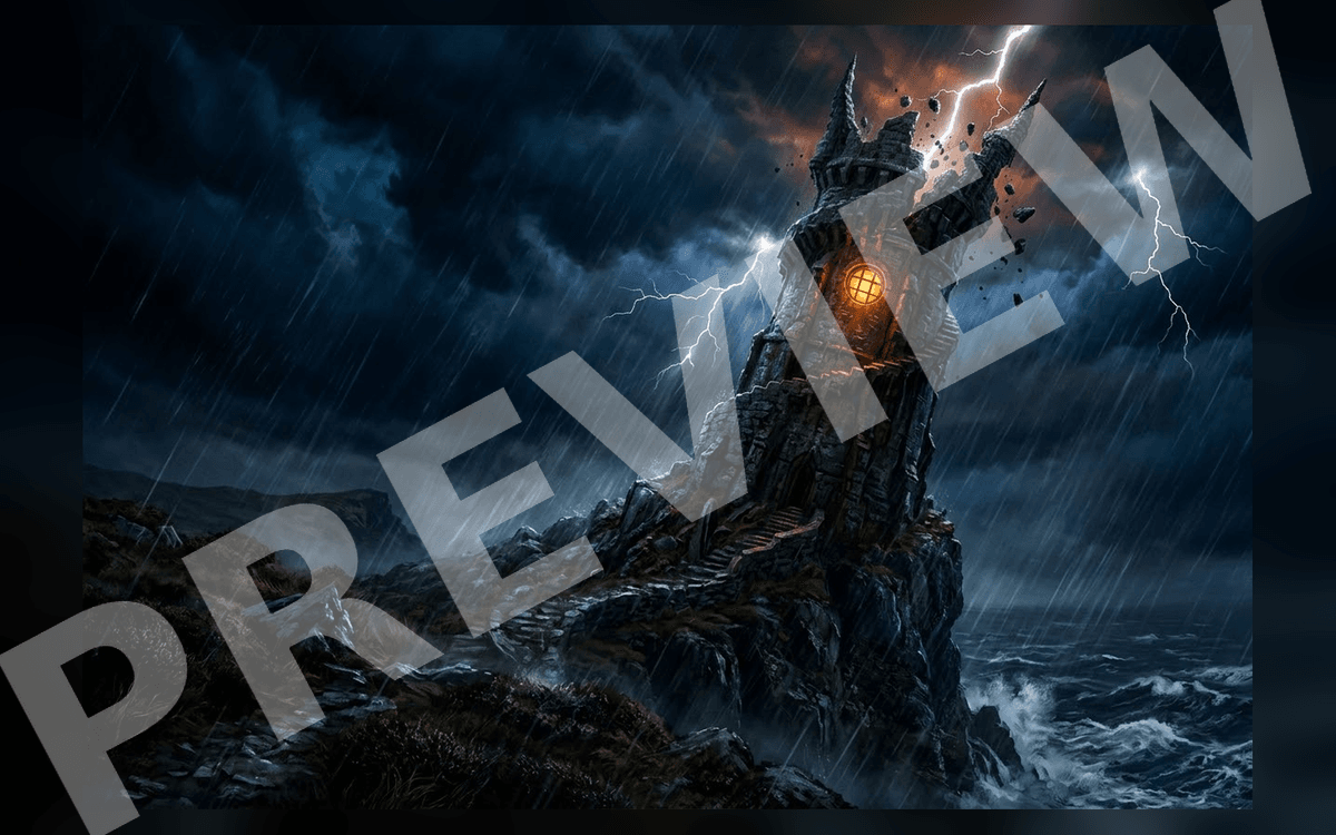 Stormy cinematic concept art of a lighthouse tower standing amid lightning over rocky ocean waves