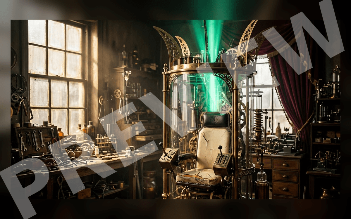 Cinematic public-domain workshop illustration featuring a brass machine with glowing green light and seated technician