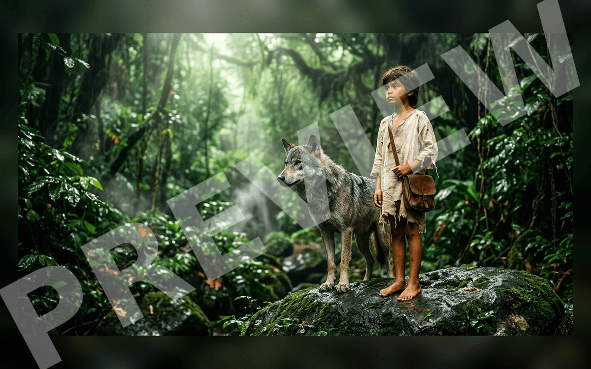 Cinematic public-domain art of a boy standing with a wolf in a lush jungle with jungle mist background