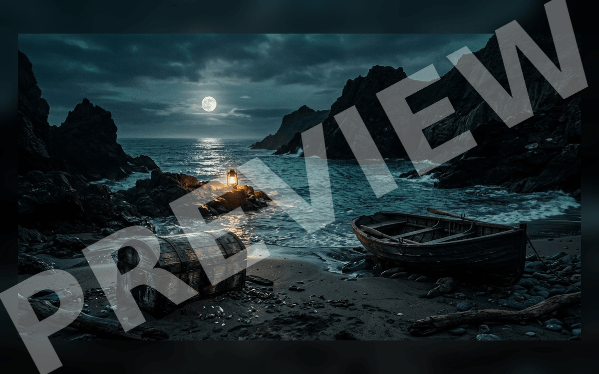 Cinematic public-domain art of a lantern on rocky Treasure Island beach at moonlit night with a rowboat