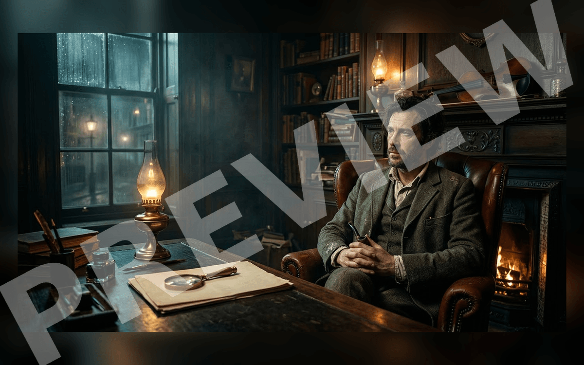 Cinematic public-domain illustration of a detective in Baker Street study with desk, lamp, books, and fireplace