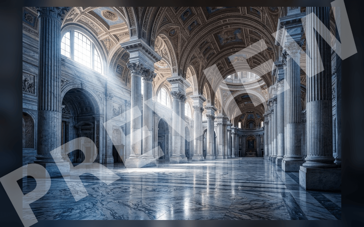 Grand marble hall environment art with tall columns, arches, dome ceiling, and polished stone floor